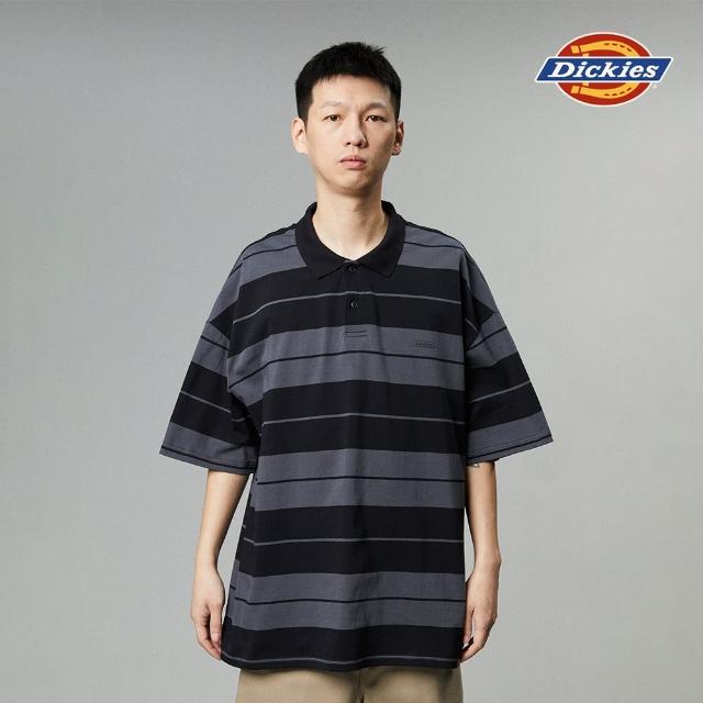 【Dickies】男款黑色條紋重磅純棉寬鬆舒適短袖POLO衫｜DK013078BLK