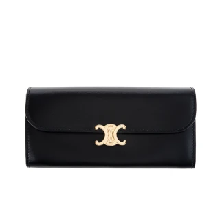 【CELINE】新款TRIOMPHE金屬LOGO旋轉門釦光滑羊皮大型對折長夾(黑色)