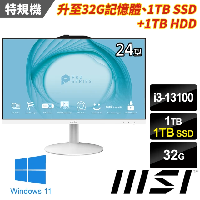 MSI 微星 24型i3四核液晶特仕電腦(PRO AP242 13M-464TW-SP5/i3-13100/32G/1TB+1TB/W11)