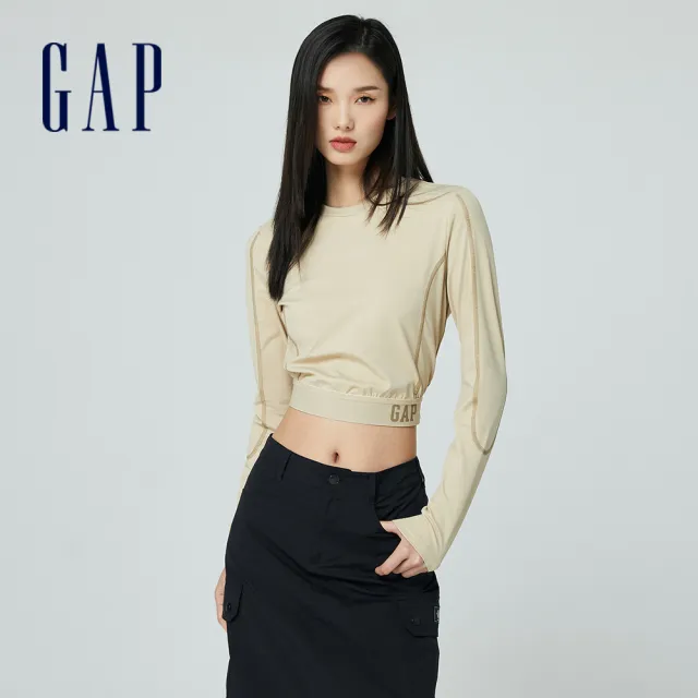 【GAP】女裝 Logo印花圓領長袖T恤 GapFit系列-卡其色(876159)