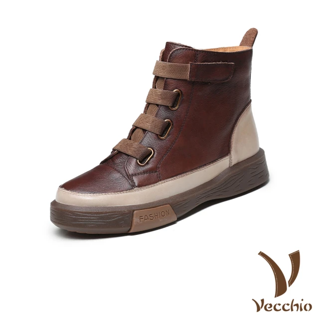 VecchioVecchio 真皮馬丁靴 牛皮馬丁靴/全真皮頭層牛皮復古寬版魔鬼粘鞋帶設計個性馬丁靴(棕)