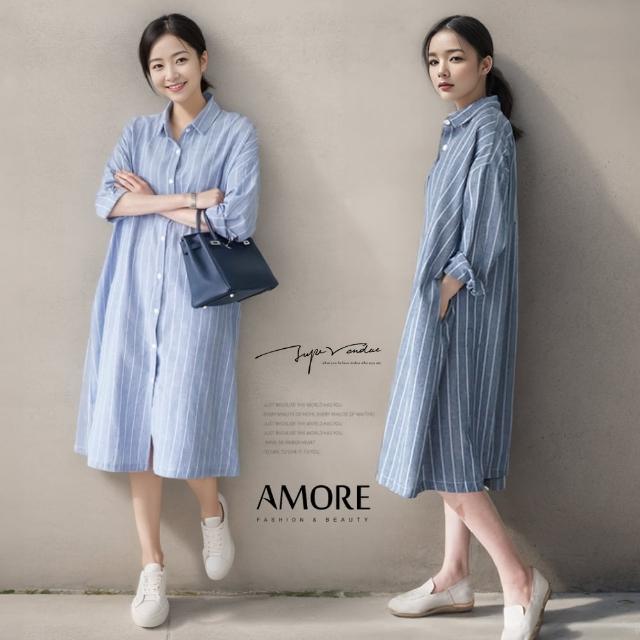 【Amore】韓系經典條紋棉麻口袋長版襯衫(長版單穿或當外套都好看)