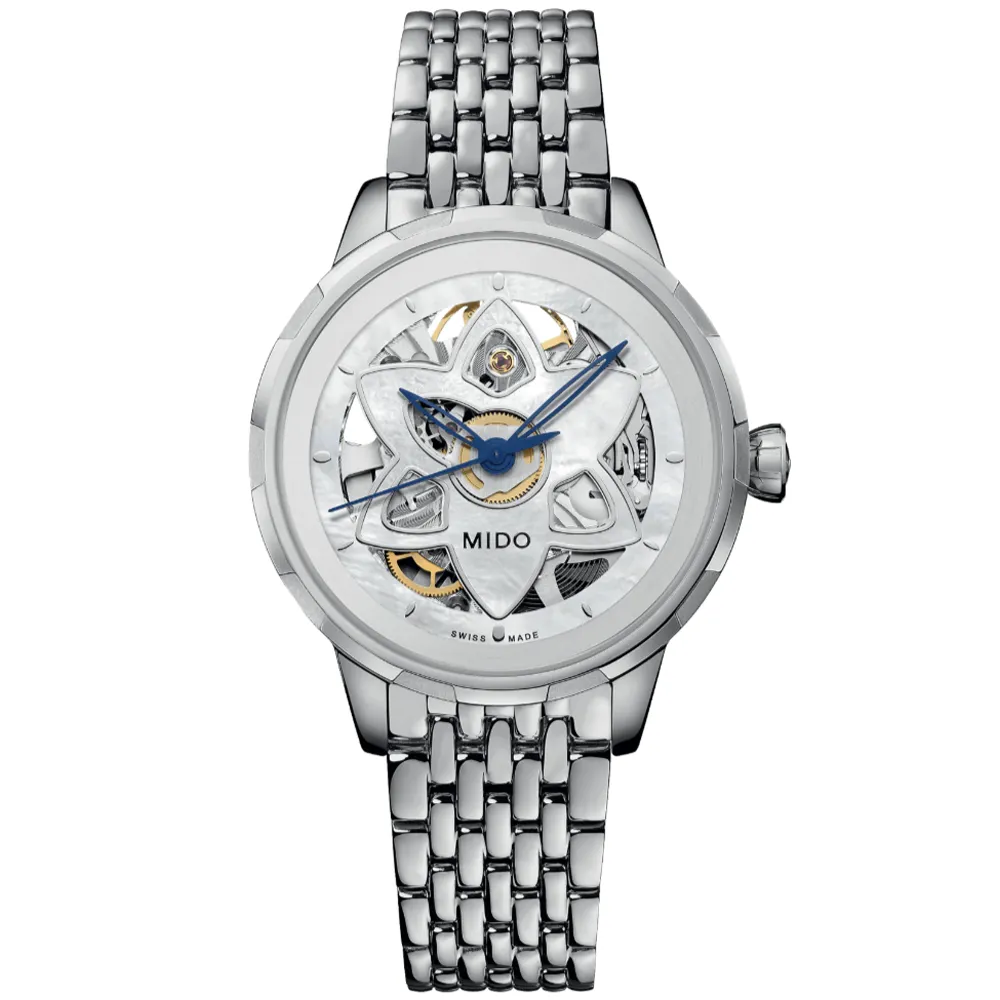 【MIDO 美度】RAINFLOWER 花雨系列 白色珍珠母貝 鏤空機械腕錶 / 34mm 禮物推薦 畢業禮物(M0432361110100)