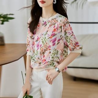 【Paiya 派亞】新款圓領上衣女短袖顯瘦高階亂麻印花氣質五分袖T恤(M-3XL)