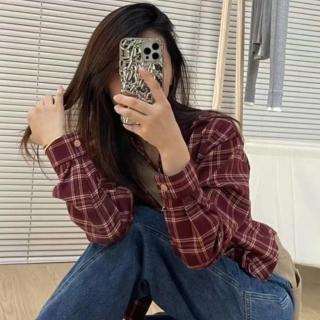 【ONEY 歐妮】★復古格紋港風短款襯衣(女上衣/長袖/襯衫)