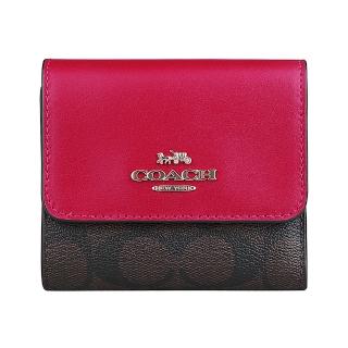 【COACH】COACH金字LOGO PVC拼接牛皮設計2卡釦式中夾(咖啡x紅)