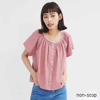 【non-stop】蕾絲飾邊格紋抽皺上衣-2色