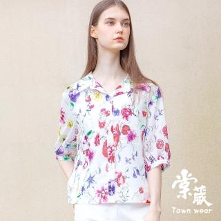 【TOWN’WEAR 棠葳】純棉滿版花卉五分袖襯衫(中大尺碼/女上衣/女上著/短袖/口袋)