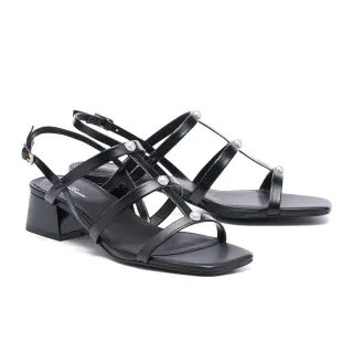 【AS 集團】高雅氣質水鑽珍珠鉚釘細帶全真皮方頭低跟涼鞋(黑)