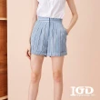 【IGD 英格麗】網路獨賣款-時尚荷葉滾邊打褶條紋短褲(藍色)