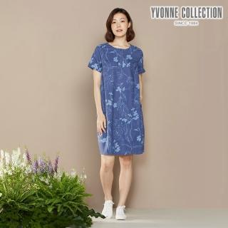 【YVONNE 以旺傢飾】天絲麻印花半開襟短袖洋裝(藍)