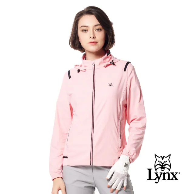 【Lynx Golf】女款吸溼排汗機能羅紋配條造型山貓膠標拉鍊口袋可拆式連帽長袖外套(二色)