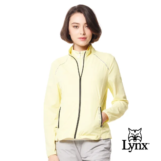 【Lynx Golf】女款彈性舒適沖孔配布後腰剪接針織帶造型拉鍊口袋長袖外套(二色)