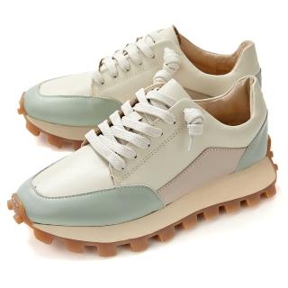 【GREEN PINE】韓系拼接全真皮豆豆舒壓女休閒鞋綠色(00145105)