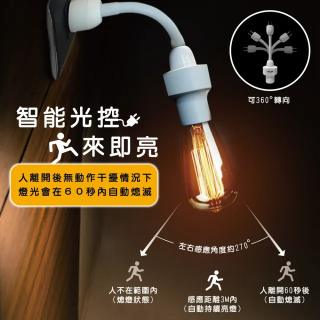 【haogeen】智能光控感應燈座 國際電壓彎管插頭式燈座(適用E27型螺口燈泡)