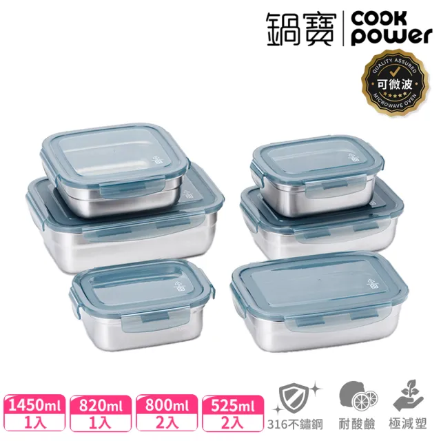 【CookPower 鍋寶】可微波316不鏽鋼保鮮盒6件組(3款選)