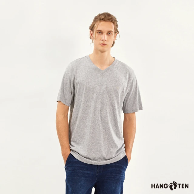 【Hang Ten】男裝-基本款BCI純棉素色V領腳丫短袖T恤(銀灰花紗)