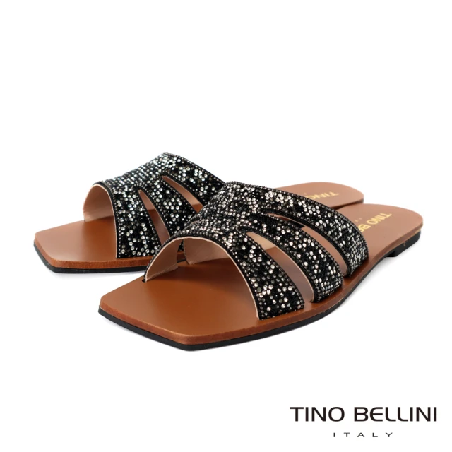 TINO BELLINI 貝里尼TINO BELLINI 貝里尼 巴西進口全真皮閃鑽平底涼拖鞋FSQT008(黑色)