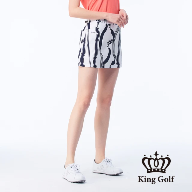 【KING GOLF】實體同步款-女款立體刺繡緞帶剪影印花修身A LINE短裙/高爾夫球裙(白底藍紋)