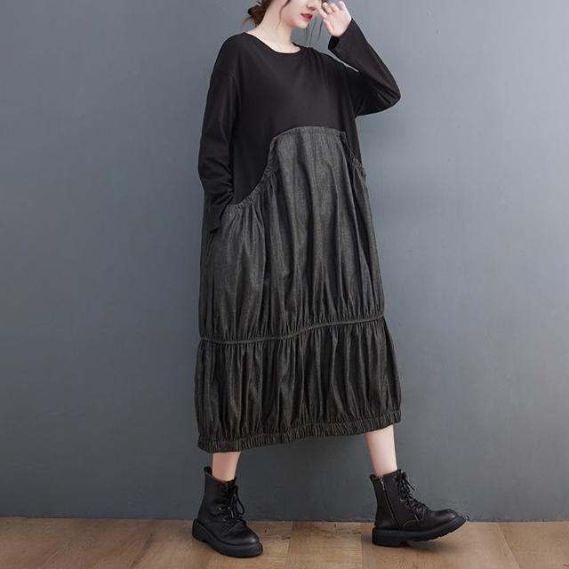 【巴黎精品】現貨+預購 洋裝長袖連身裙(抓皺拼接棉質寬鬆女裙子a1cr38)
