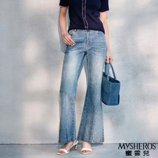 【MYSHEROS 蜜雪兒】高含棉牛仔長褲 前雙釦拉鍊後鬆緊 喇叭造型水鑽點綴(藍)