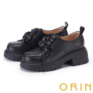 【ORIN】復古法式綁帶牛皮厚底樂福鞋(黑色)