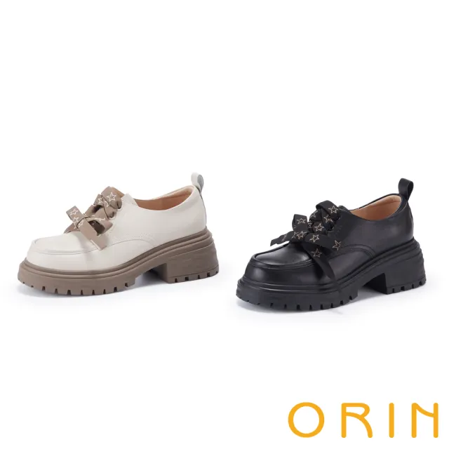 【ORIN】復古法式綁帶牛皮厚底樂福鞋(米色)
