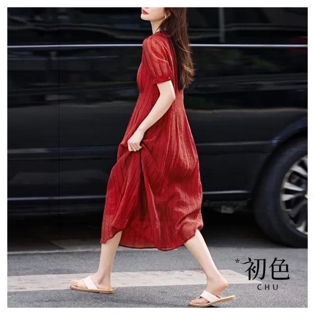【初色】純色圓領短袖鏤空肌理感收腰顯瘦中長裙連身洋裝連身裙洋裝-紅色-33517(M-2XL可選)