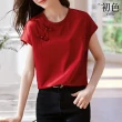 【初色】中式純色圓領盤扣T恤短袖上衣女上衣-深紅色-33452(M-2XL可選)