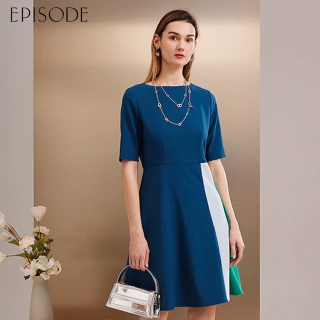 【EPISODE】清新拼色收腰傘裙擺短袖雪紡洋裝142712（藍）