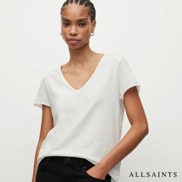 【ALLSAINTS】EMELYN 日常舒適素色V領純棉短袖T恤-白 WM115P(常規版型)