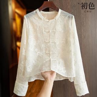 【初色】文藝古風圓領動植物刺繡珍珠盤扣長袖襯衫上衣女上衣-白色-33415(M-2XL可選)