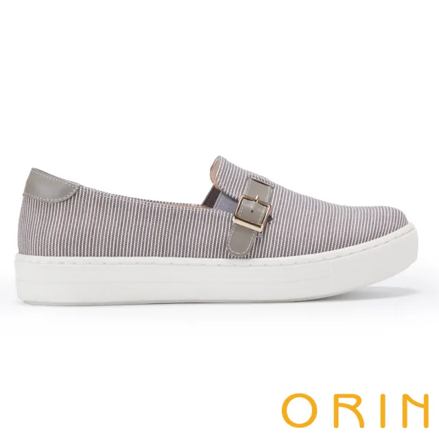 【ORIN】條紋布拼接牛皮側釦飾厚底休閒鞋(灰色)