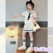 【UniKids】中大童裝2件套JK學院風短袖豎條襯衫百褶短裙 女大童裝 CVRR8817(米白)