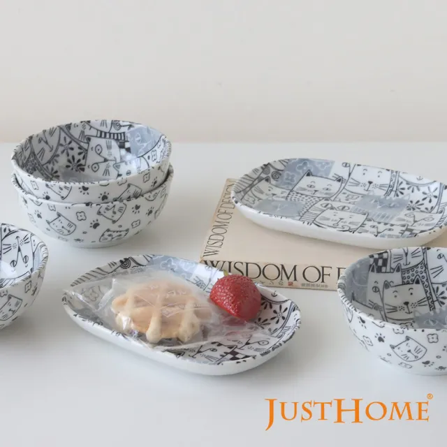 【Just Home】日本製滿版貓咪世界陶瓷碗盤餐具6件組-2款可選(日本製 碗 盤 餐具)