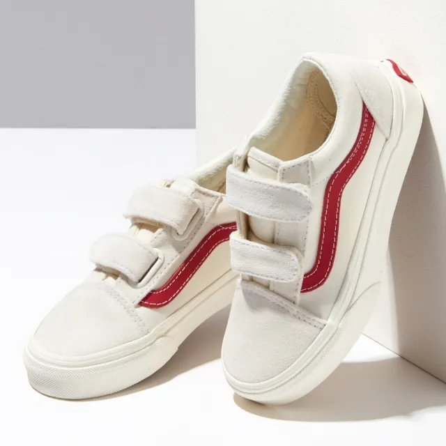 【VANS 官方旗艦】Old Skool V 中童款米白色/紅色條紋滑板鞋