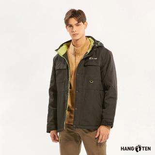 【Hang Ten】男裝-恆溫多功能-防風防輕潑水抗靜電石墨烯保暖貼合撞色可拆帽連帽外套(黑)