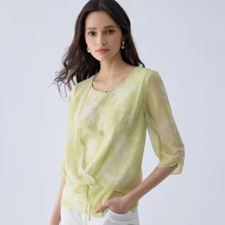 【ILEY 伊蕾】交疊綁帶假兩件印花雪紡上衣(淺綠色；M-XL；1241071407)