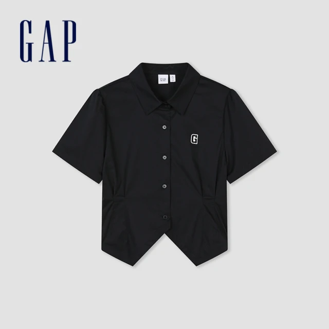 GAP 女裝 Logo短版翻領短袖襯衫-黑色(873201)