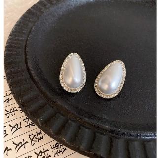 【Ada】日韓流行飾品 氣質誇張復古鑲鑽水滴型珍珠耳環珍珠耳針(珍珠耳環 金色耳環 珍珠耳針)