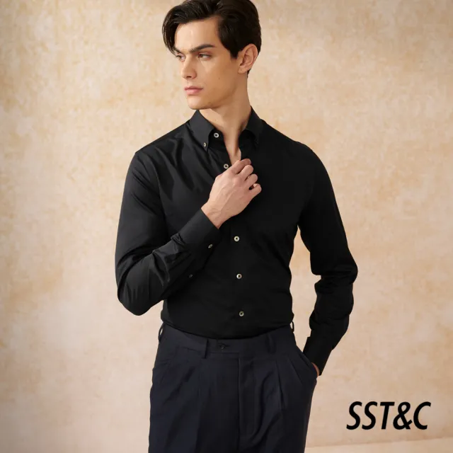 【SST&C 新品９折】米蘭系列 仿絲綢手感黑色修身版襯衫0312403005