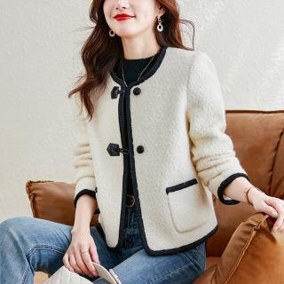 【米蘭精品】現貨出清 不退換 羊羔毛外套毛呢大衣(小香風氣質圓領拼色女外套74hj26)