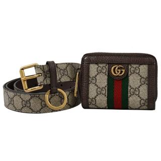 【GUCCI 古馳】經典雙G緹花拼接信用卡零錢包皮帶多功能腰包禮盒組(駝)