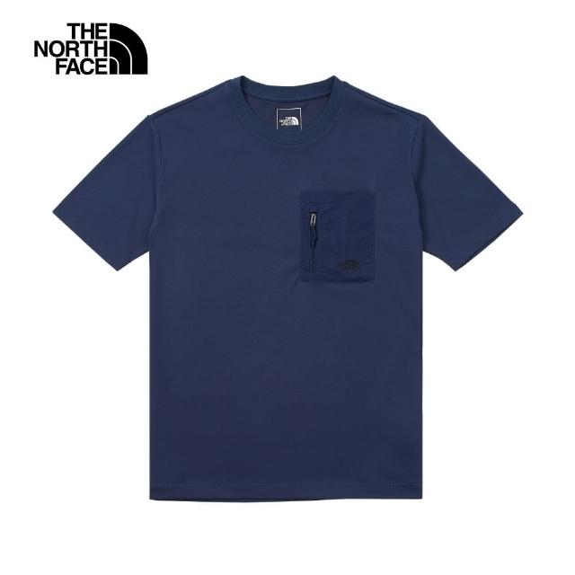 【The North Face 官方旗艦】北面男款藍色拉鍊胸袋舒適短袖T恤｜87V78K2(上衣/LOGO)