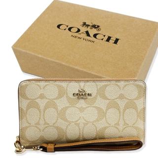 【COACH】C LOGO手掛式拉鍊零錢袋長夾禮盒(米白/奶茶)