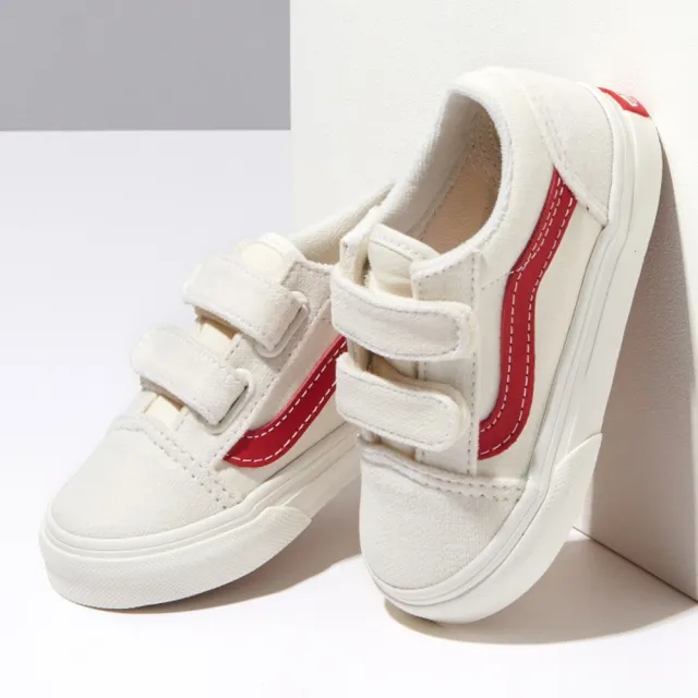【VANS 官方旗艦】Old Skool V 小童款米白色/紅色條紋滑板鞋/休閒鞋