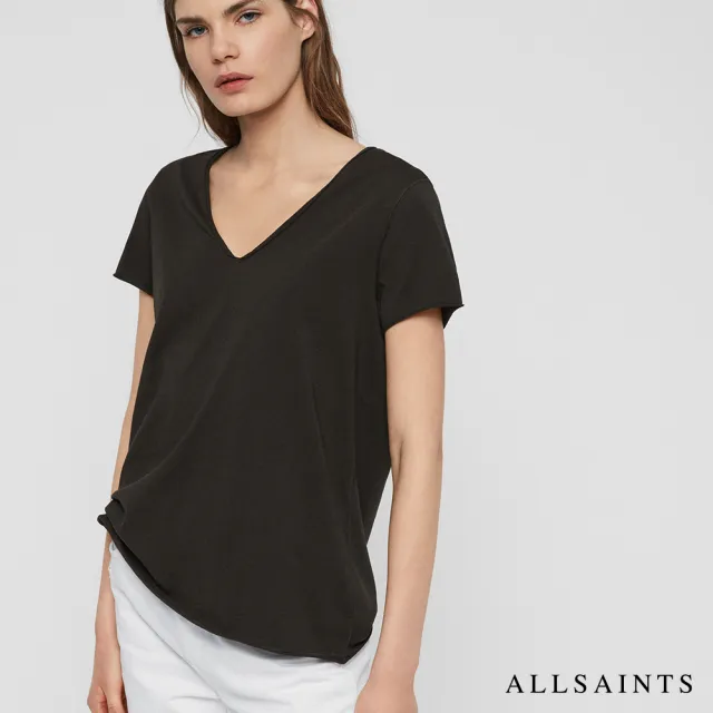 【ALLSAINTS】EMELYN 日常舒適素色V領純棉短袖T恤-黑 WM115P(常規版型)