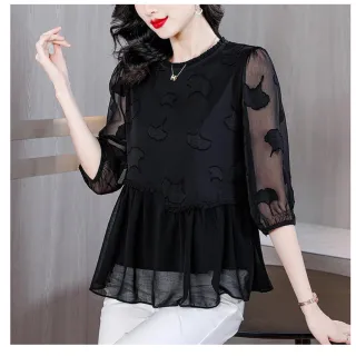 【ALLK 歐楷】出清 長版網紗拼接上衣 黑色(尺寸L-XXL/中大尺碼/涼爽/透氣)