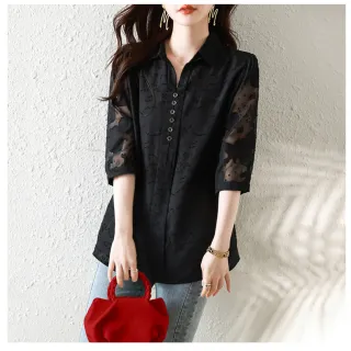 【ALLK 歐楷】出清 長版網紗拼接雪紡衫上衣 黑色(尺寸L-XXL/中大尺碼/涼爽/透氣)