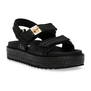【steve madden】BIGMONA 粗帶釦飾草編涼鞋(黑色)